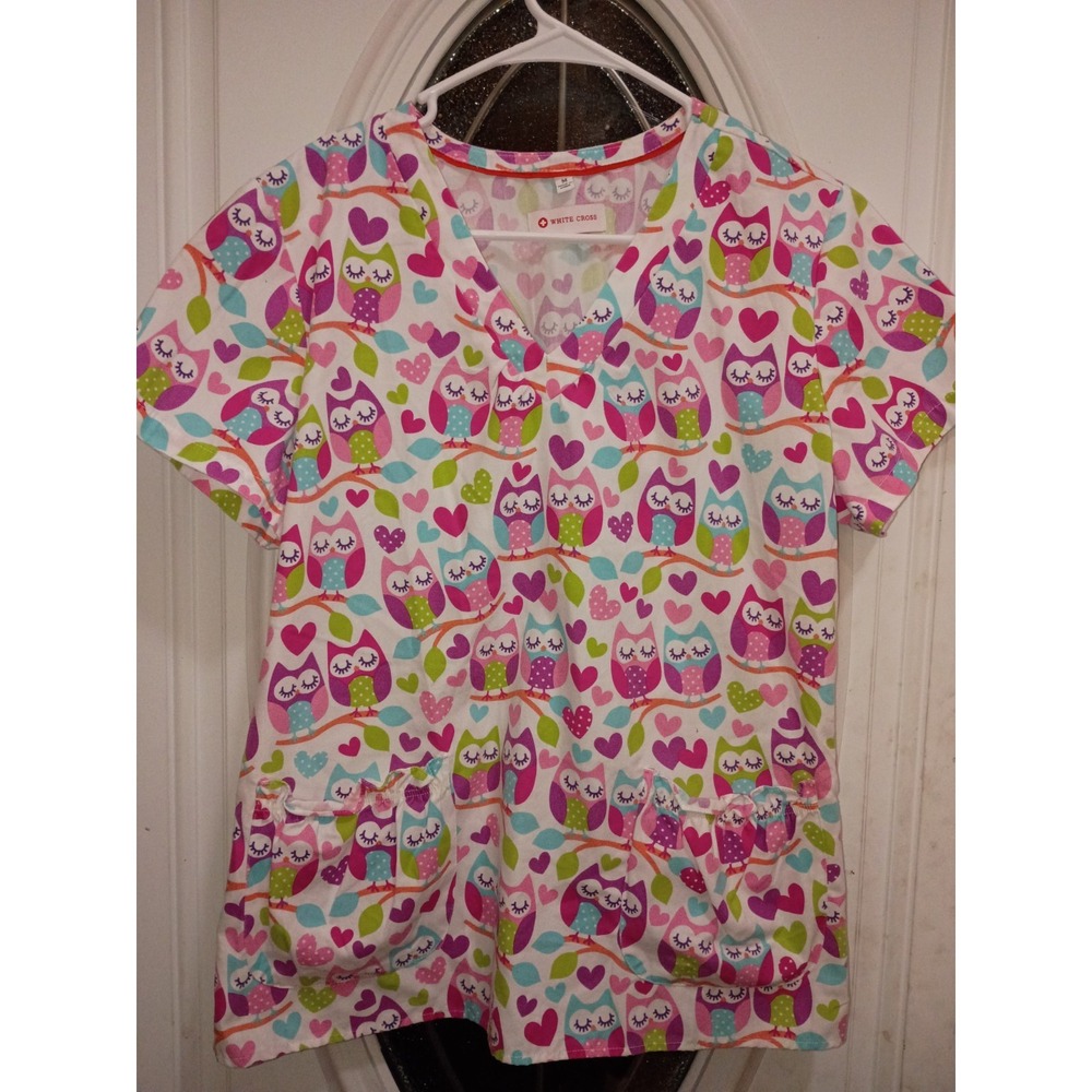 White Cross Women's Scrub Top Size M Multicolor Owl Heart Animal Print
